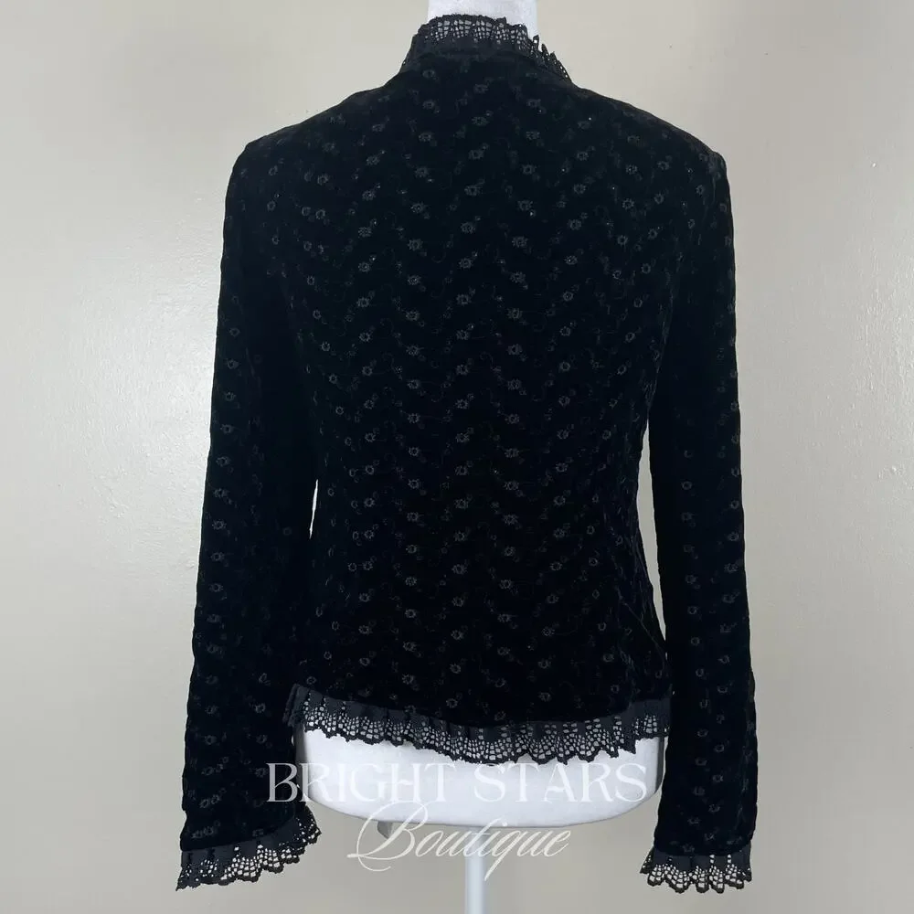 Rare Black Velvet Blazer ASO Lorelia Gilmore Girls Velvet Tie Front Lace Trim - Picture 7 of 13